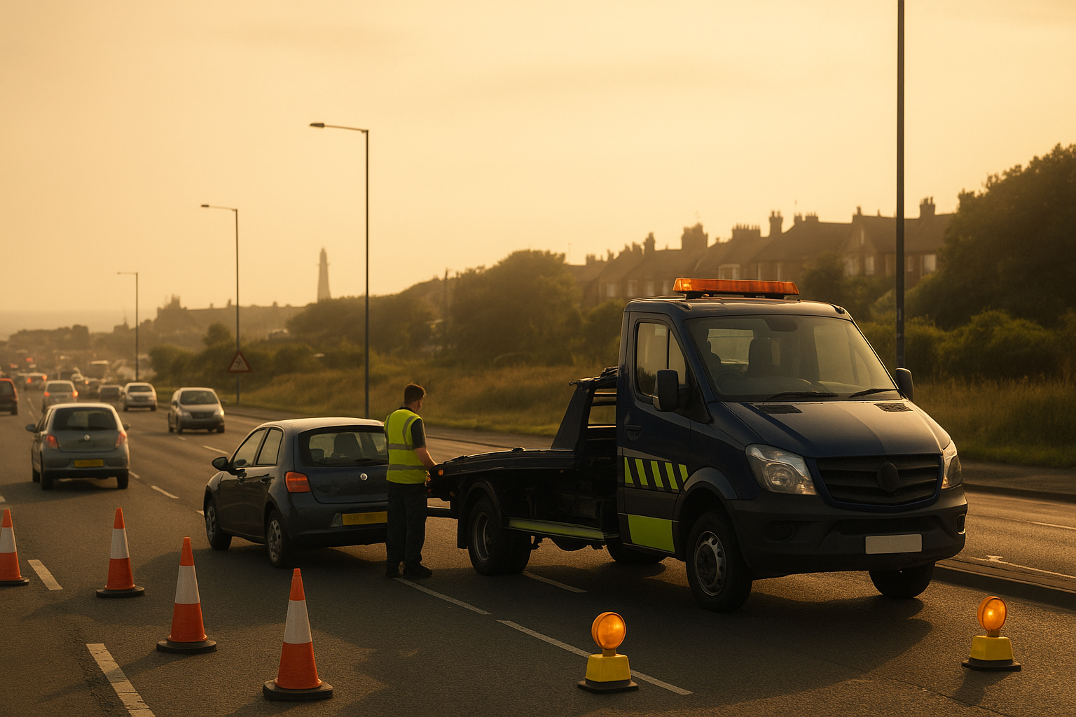 Vehicle recovery scene in Sunderland near Sea Road and Seaburn seafront