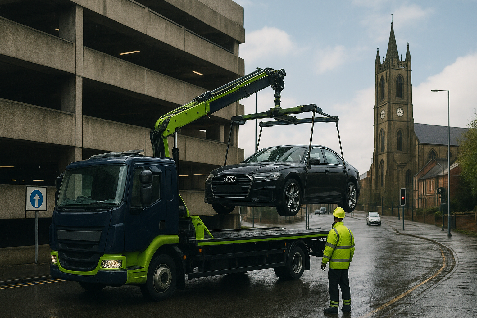 Recovery truck in Sunderland near Wearmouth Bridge at commuter time