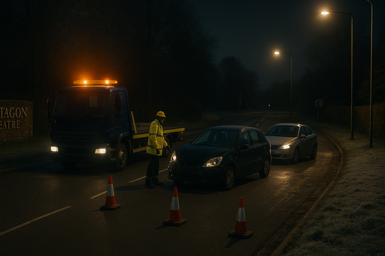 Recovery vehicle assisting a driver in Yeovil near A30 Preston Road