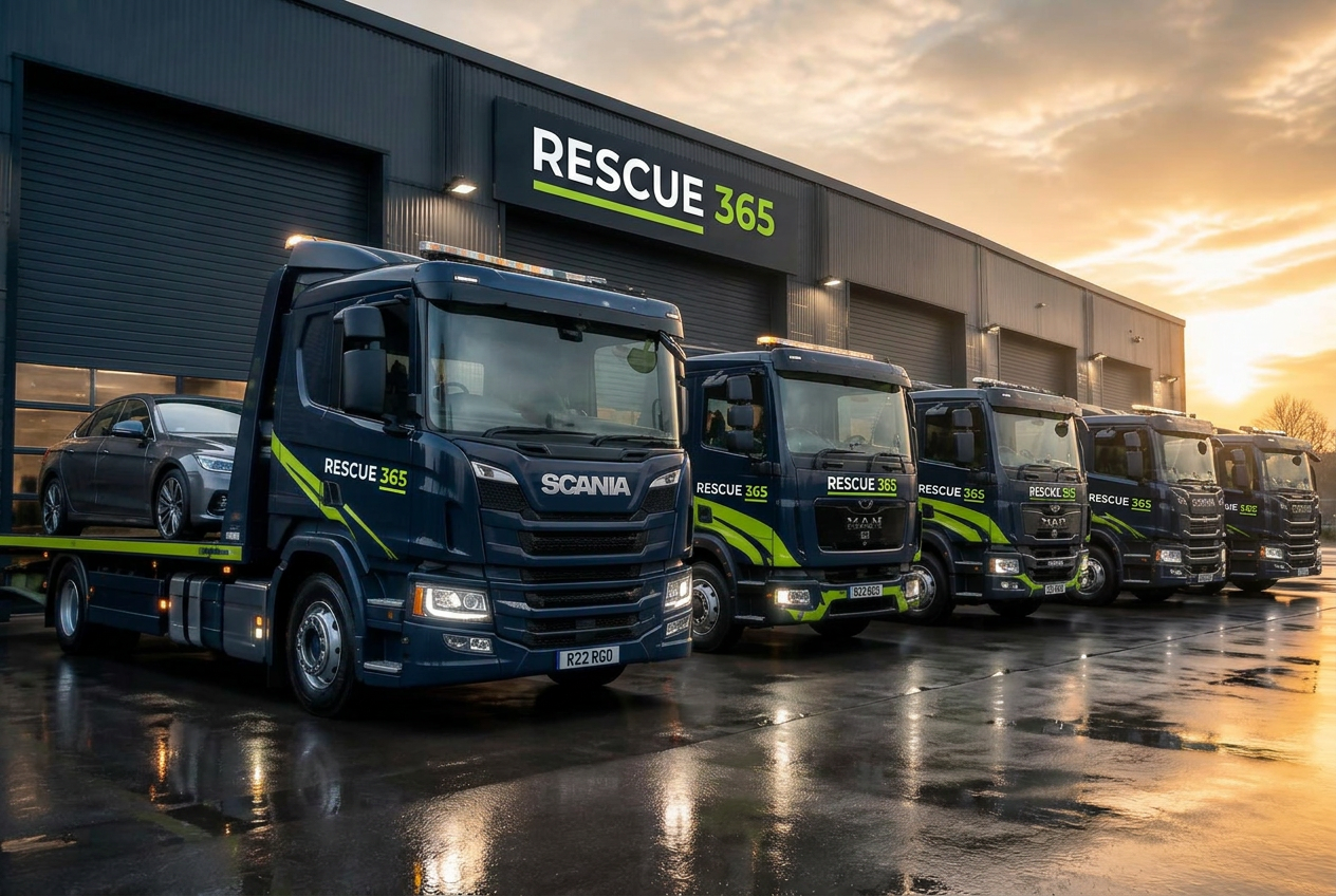 Illustrative brand imagery of Rescue365-branded recovery trucks